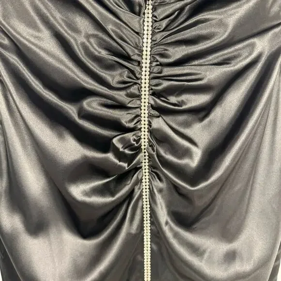 VTG ONYX NITE | Black Satin Gem Ruched Front Slit Maxi Y2K‎ Dress | Women's 14W - Picture 3 of 11